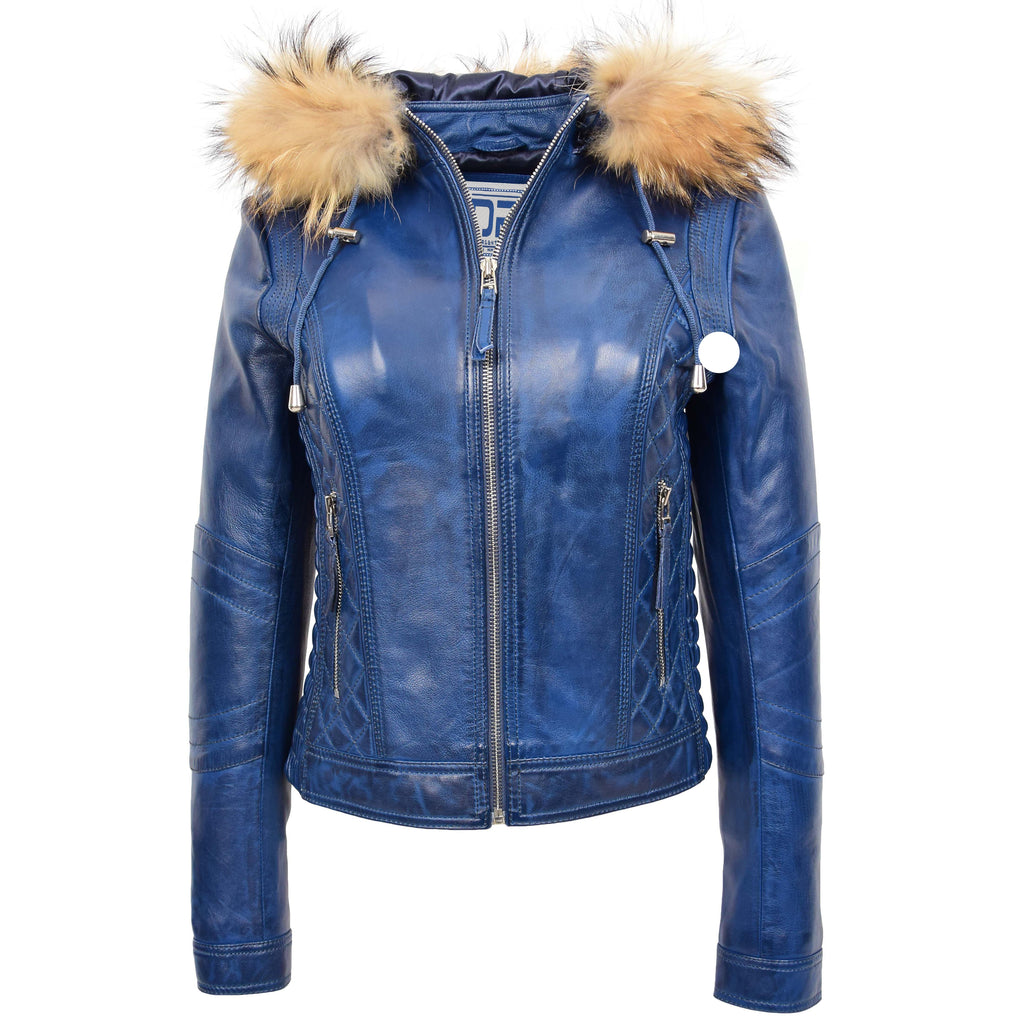 DR261 Women's Detachable Hoodie Biker Leather Jacket Blue 1