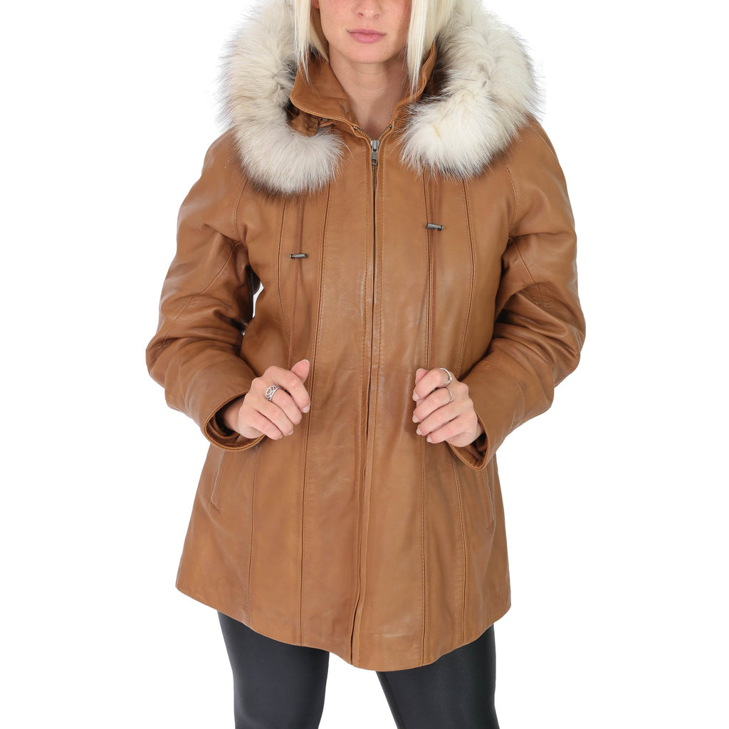 DR270 Women's Leather Coat with Fur Hood Winter Tan 1