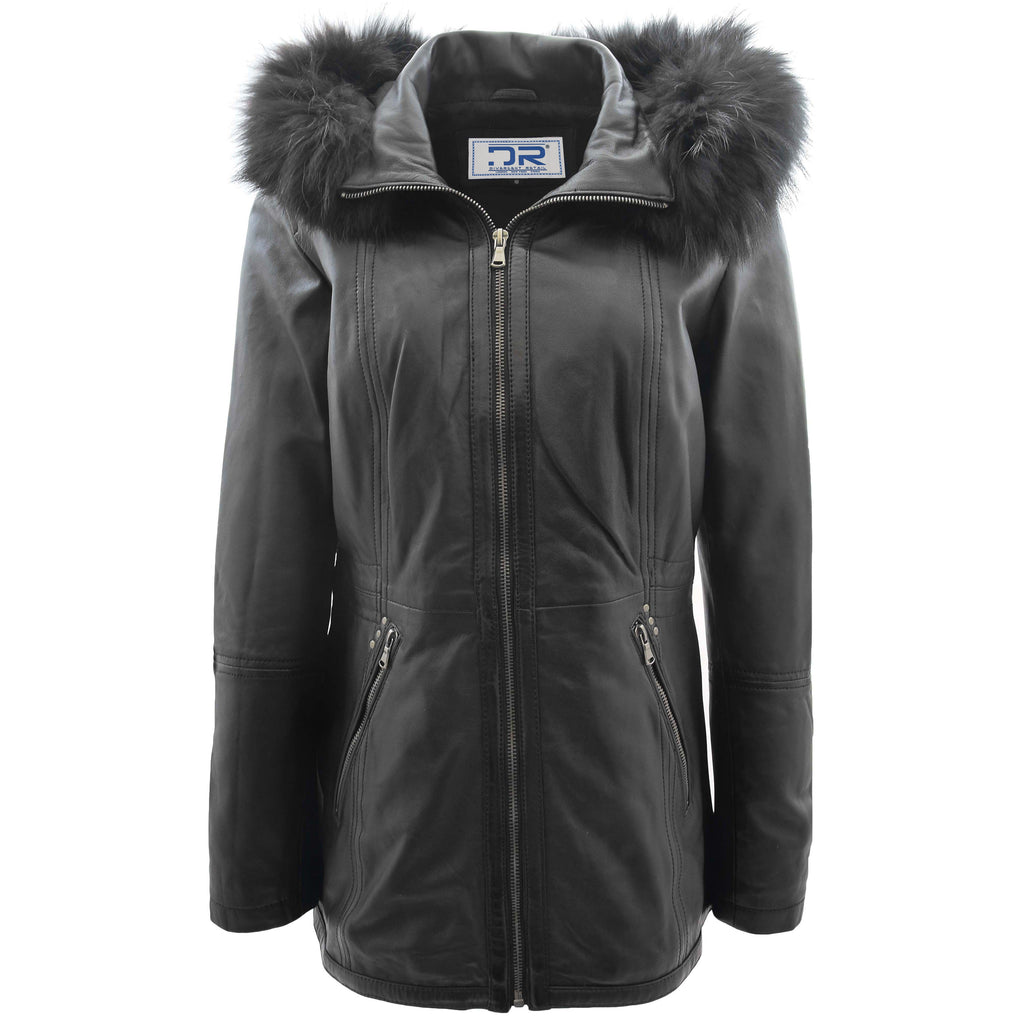 DR260 Women’s Black Leather Duffle Parka Jacket with Removable Hood 1