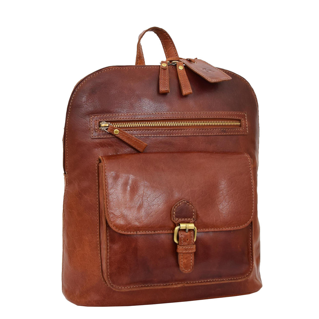 DR285 Women's Leather Casual Mid Size Backpack Cognac 1