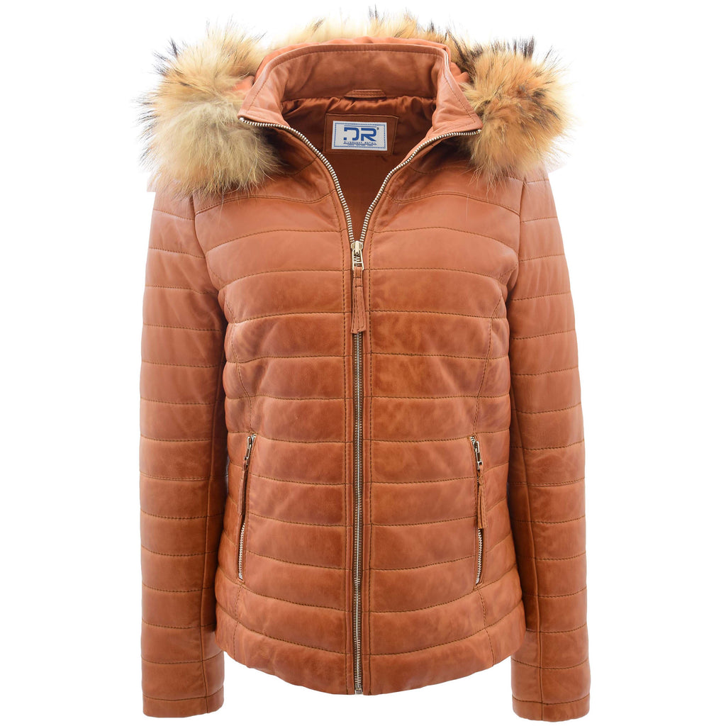DR262 Women’s Real Leather Puffer Jacket Removable Hood Tan 1