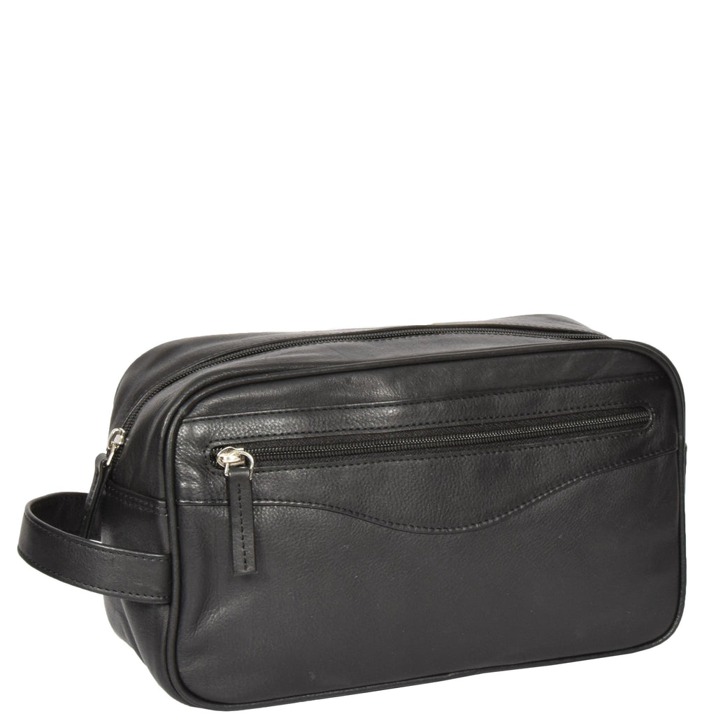DR317 Leather Wash Toiletry Bag with Carry Handle Black 1