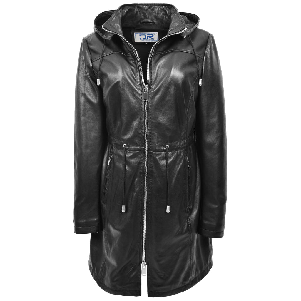 DR259 Women's Real Leather Hooded Parka Coat Black 1