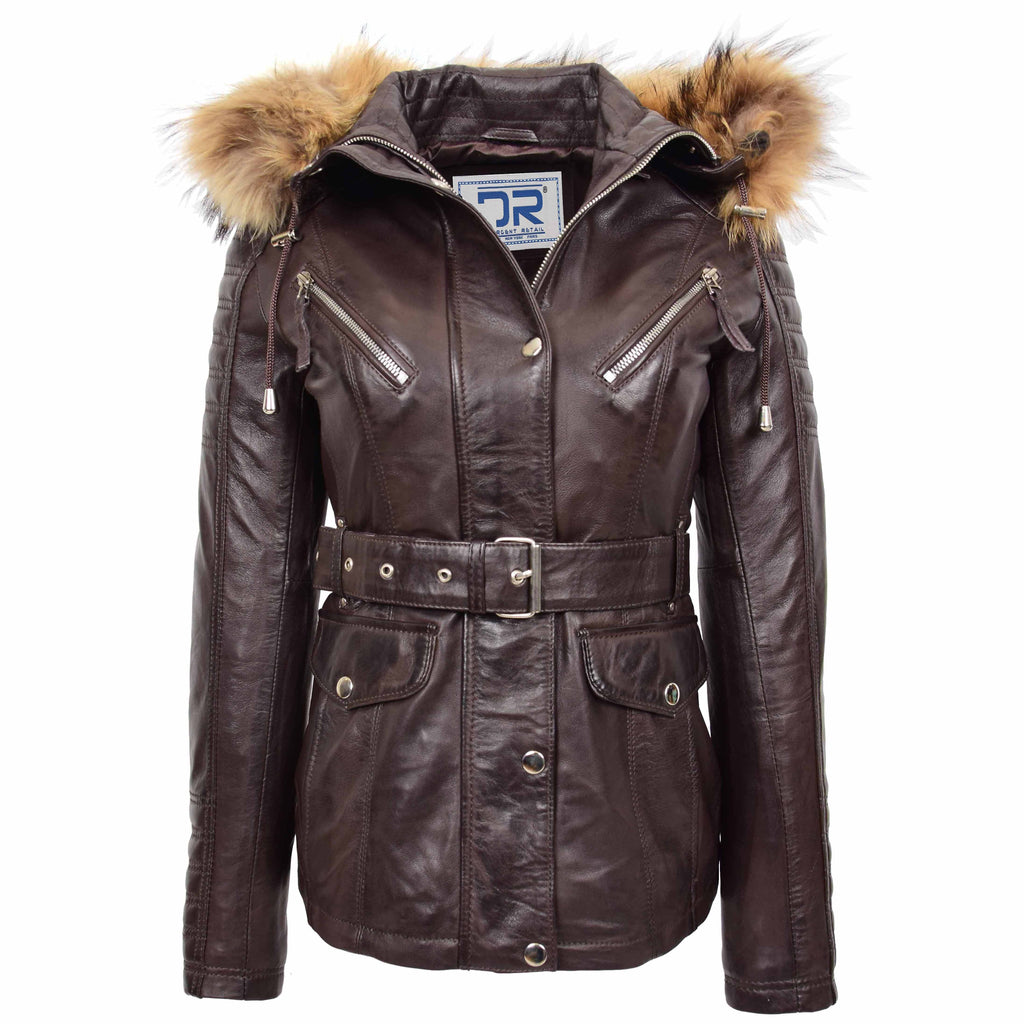 DR264 Women's Leather Parka Coat Detachable Hoodie Waist Belt Brown 1