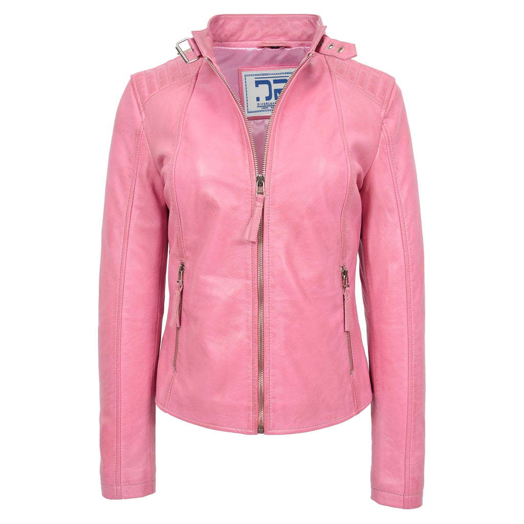 DR263 Women's Real Leather Classic Biker Jacket Pink 1
