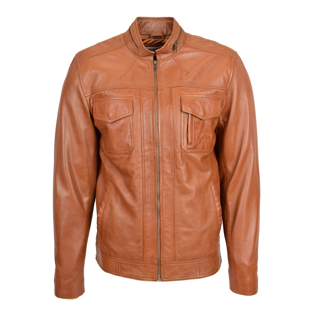 DR149 Men's Vintage Style Leather Biker Jacket Tan 1