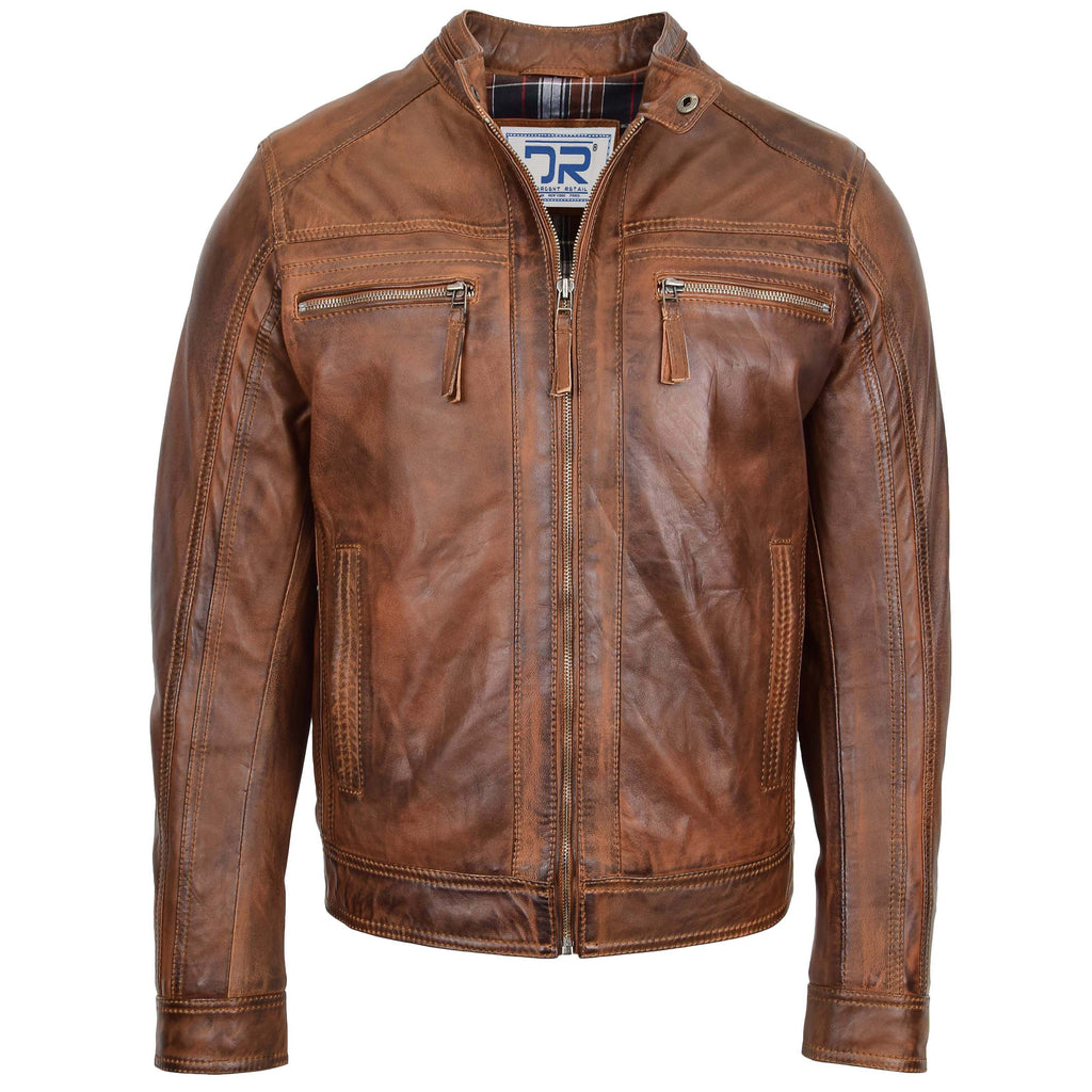 DR530 Men's Biker Cafe Racer Leather Jacket Antique Brown 1