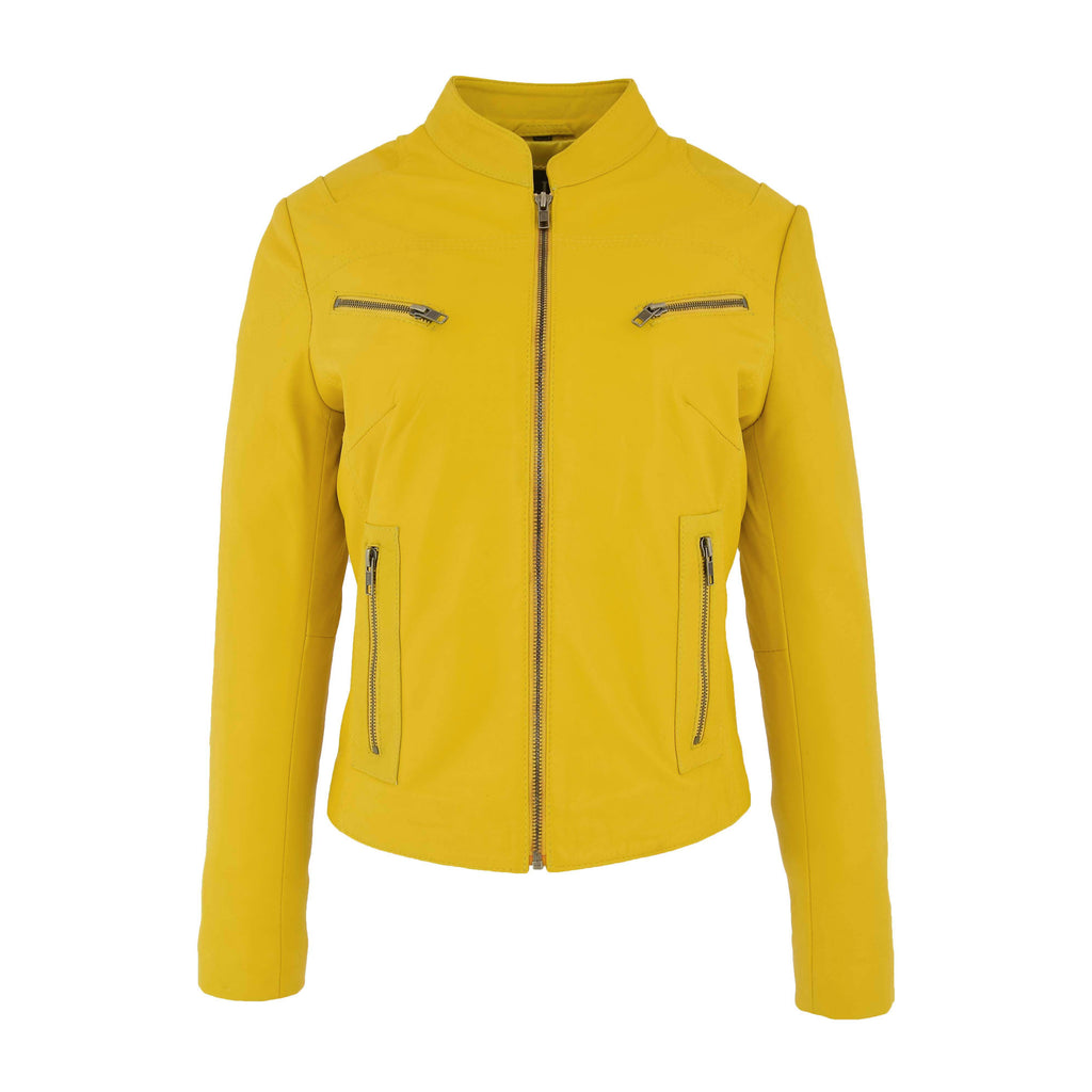 DR200 Ladies Classic Casual Biker Leather Jacket Yellow 1