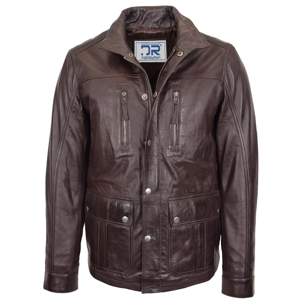 DR189 Men’s Leather Parka Jacket 3/4 Long Car Coat Brown 1