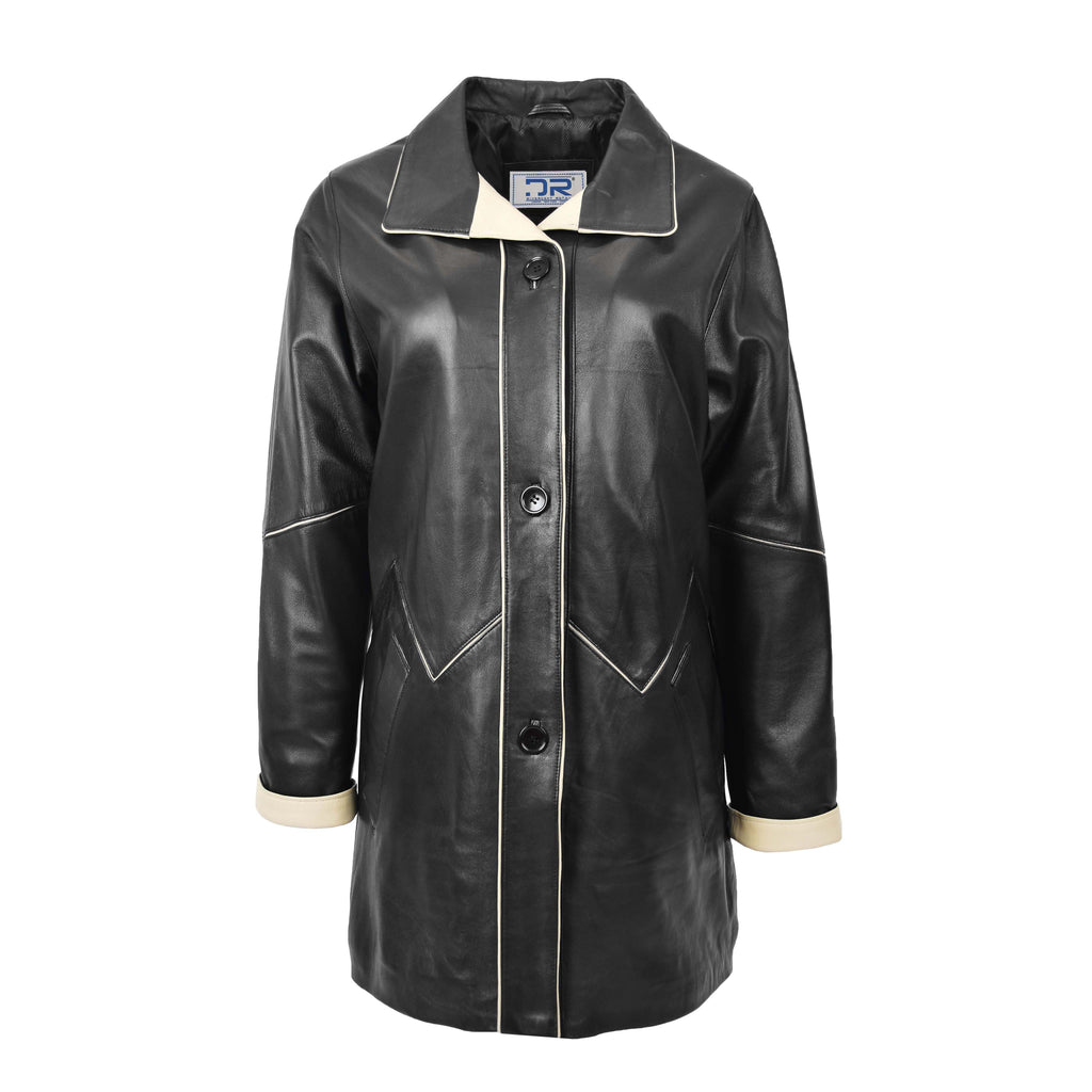 DR203 Ladies Classic Parka Real Leather Coat Trim Jacket Black-Beige 1