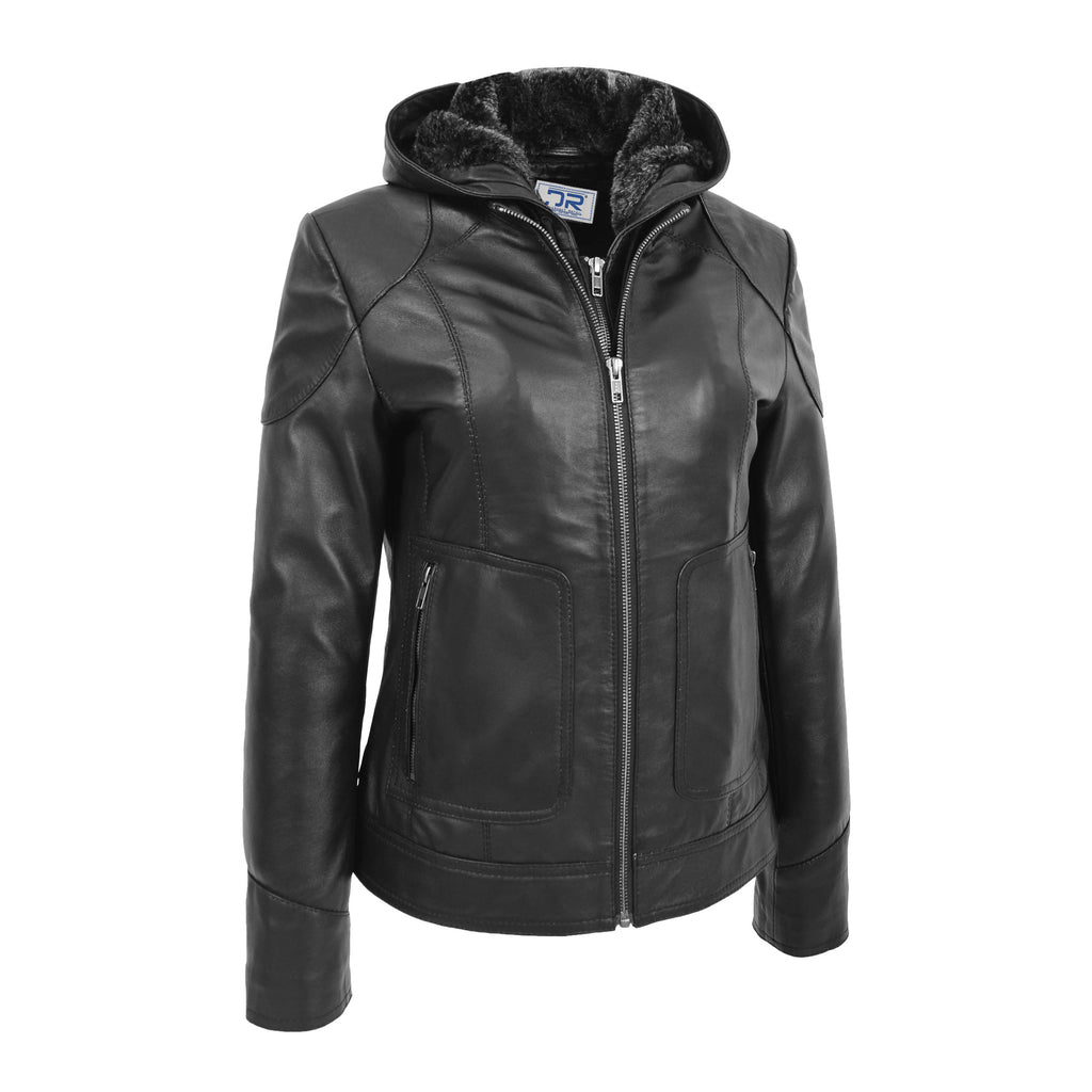 DR266 Women’s Black Leather Biker Style Jacket With Removable Hood 1