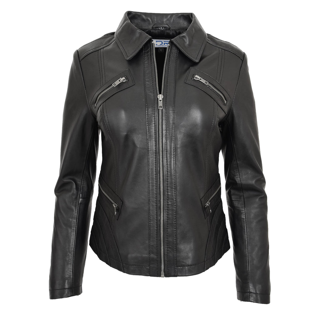 DR223 Women's Classic Leather Biker Zip Box Jacket Black 1