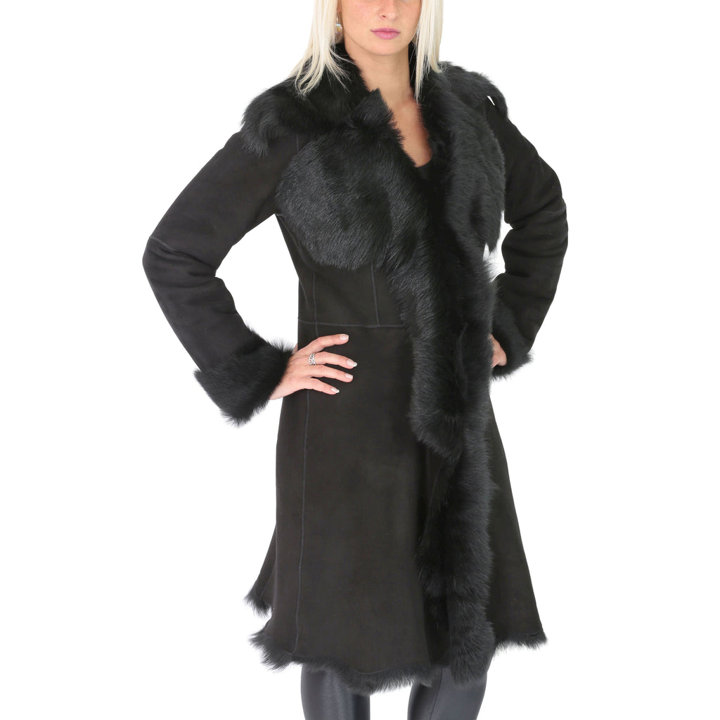 DR220 Women's Shearling Long Italian Sheepskin Leather Coat Black 1