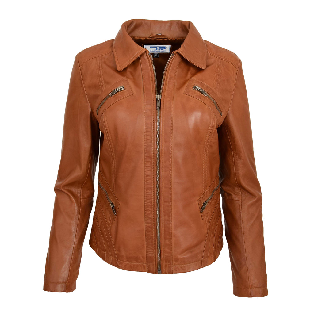 DR223 Women's Classic Leather Biker Zip Box Jacket Tan 1