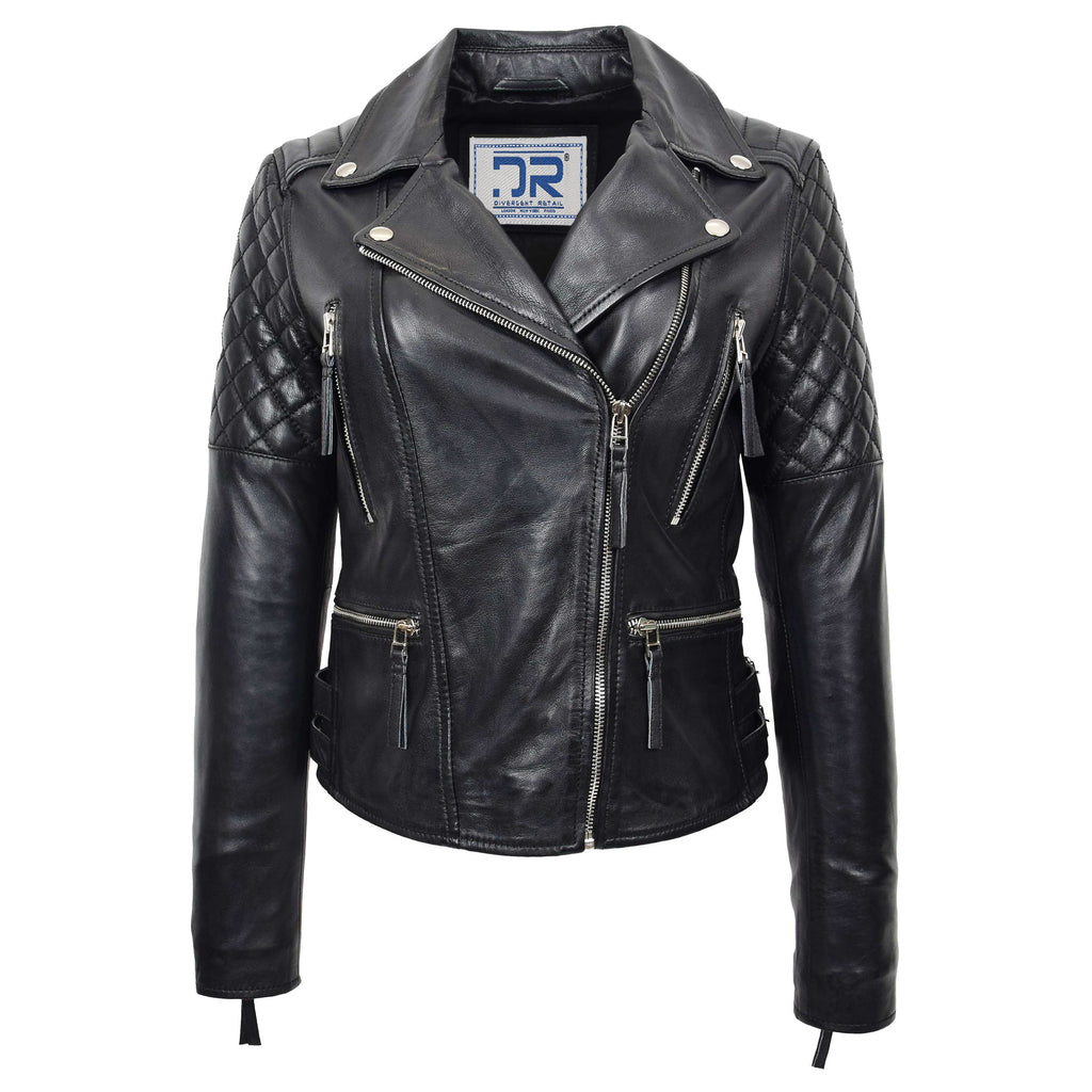 DR246 Women's Real Leather X-Zip Biker Style Jacket Black 1