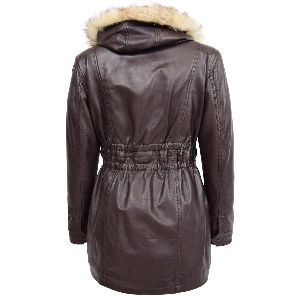 DR204 Women's Smart Long Leather Coat Hood with Fur Brown 3