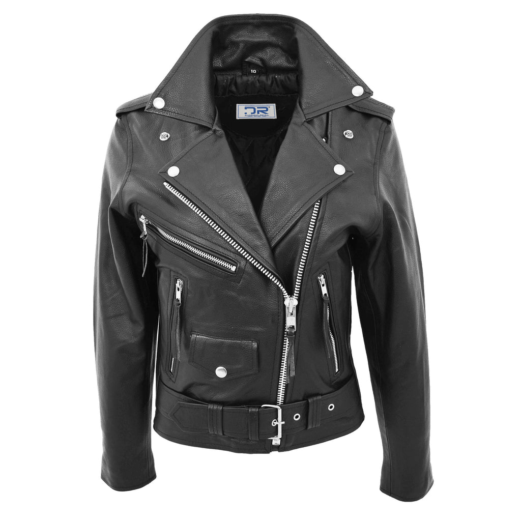 DR224 Women's Biker Chic Real Leather Jacket Black 4