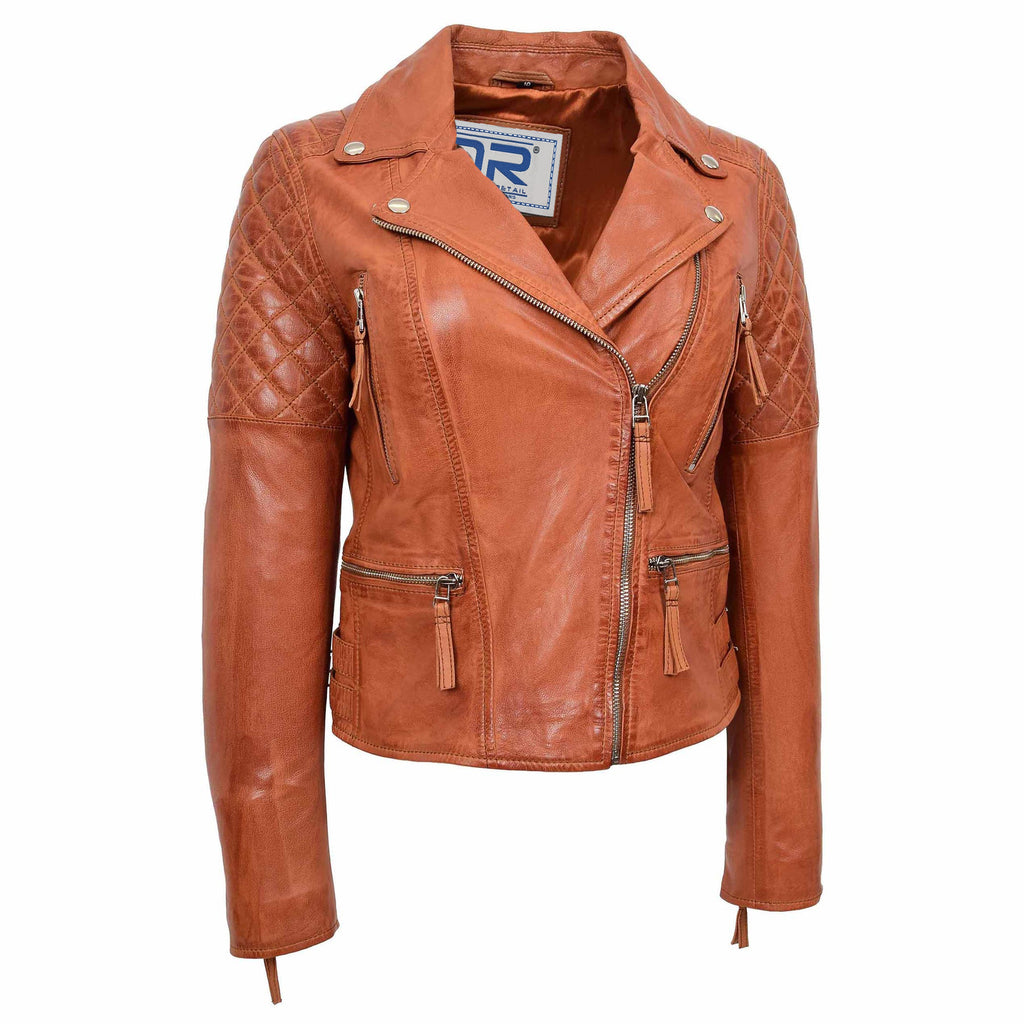 DR246 Women's Real Leather X-Zip Biker Style Jacket Cognac 1