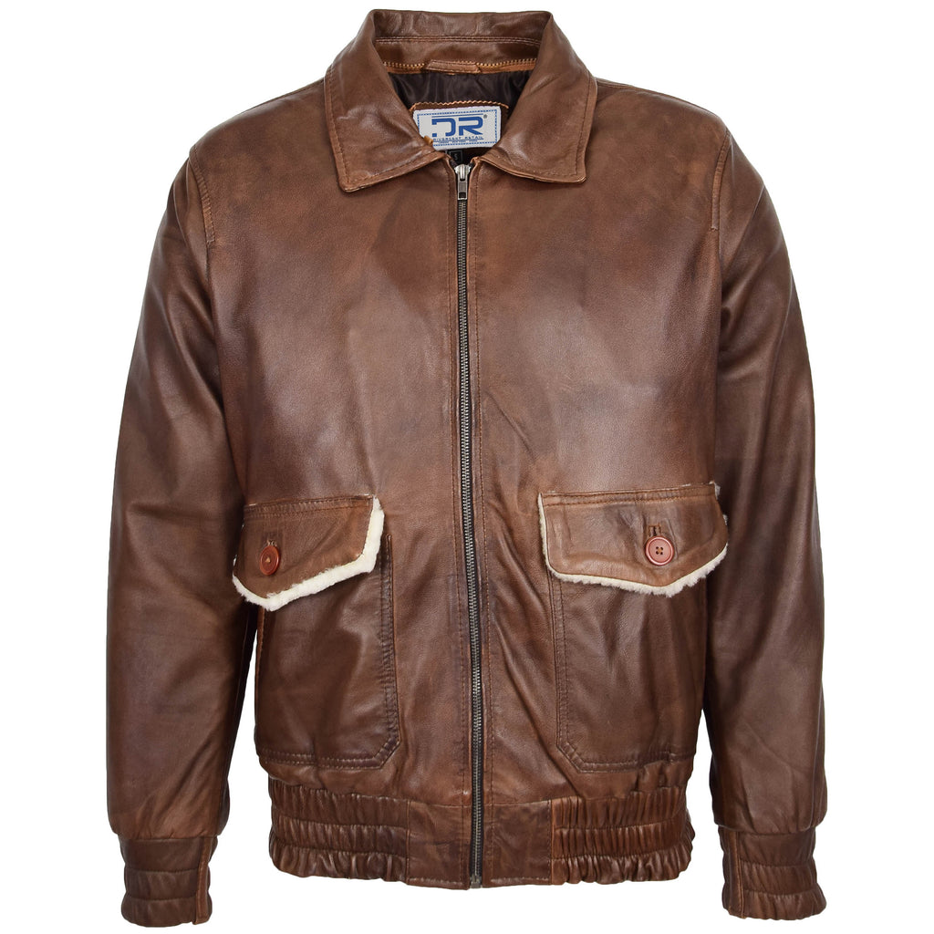 DR183 Men's Leather Bomber Jacket Aviator Style Brown 4