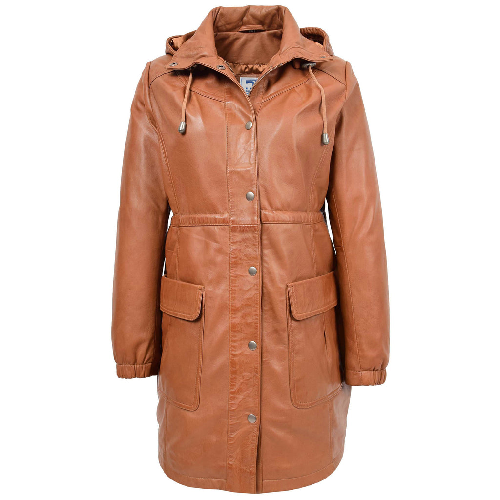 DR218 Women's Smart Long Leather Coat Hood Tan 1