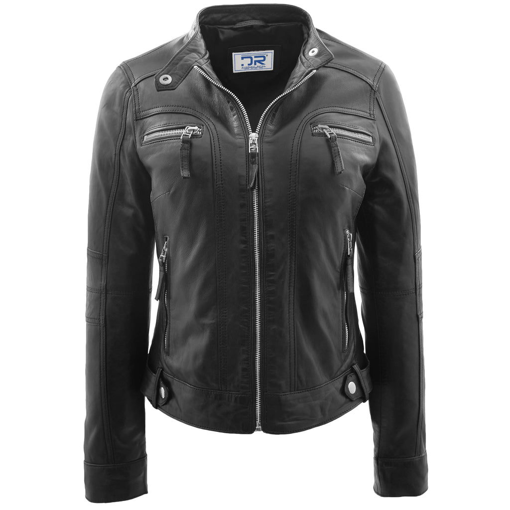 DR245 Women's Real Leather Biker Jacket Black 1