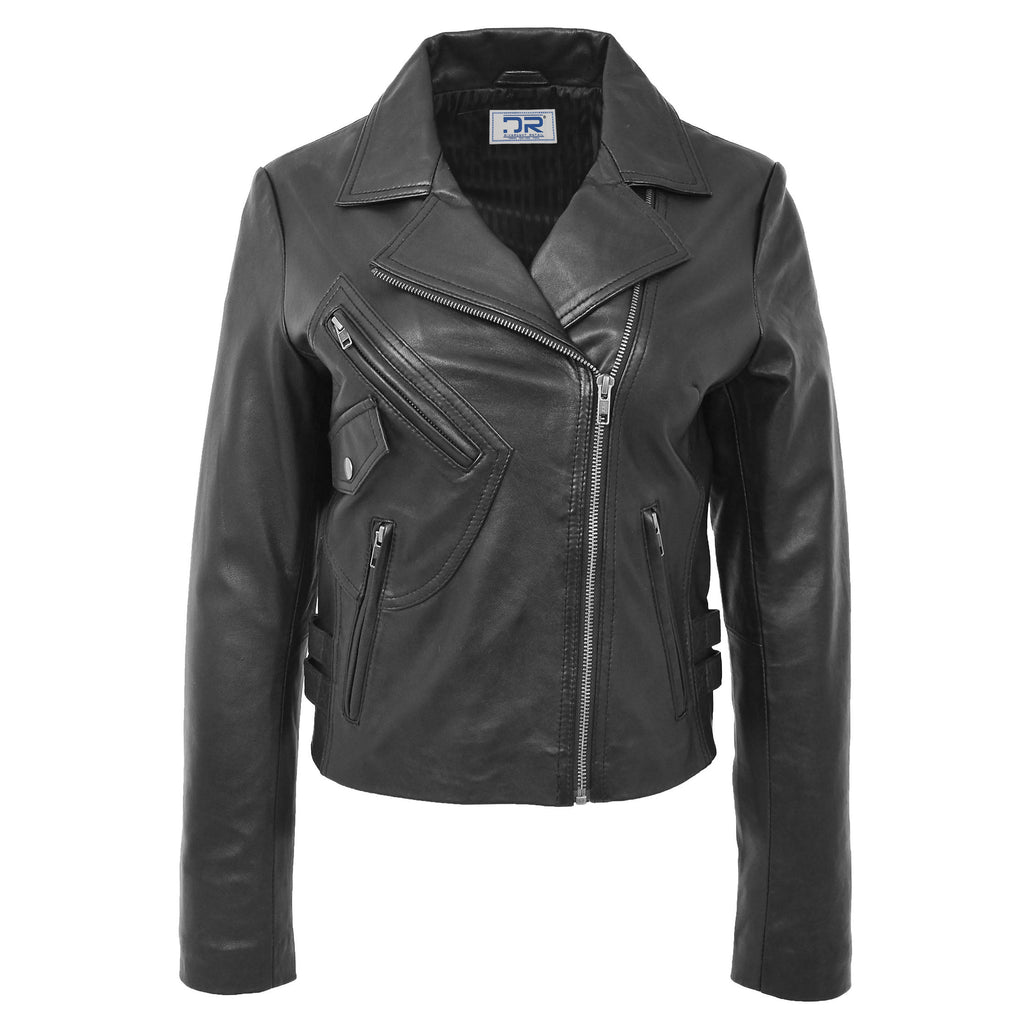 DR208 Women's Collarless Biker Leather jacket Black 1