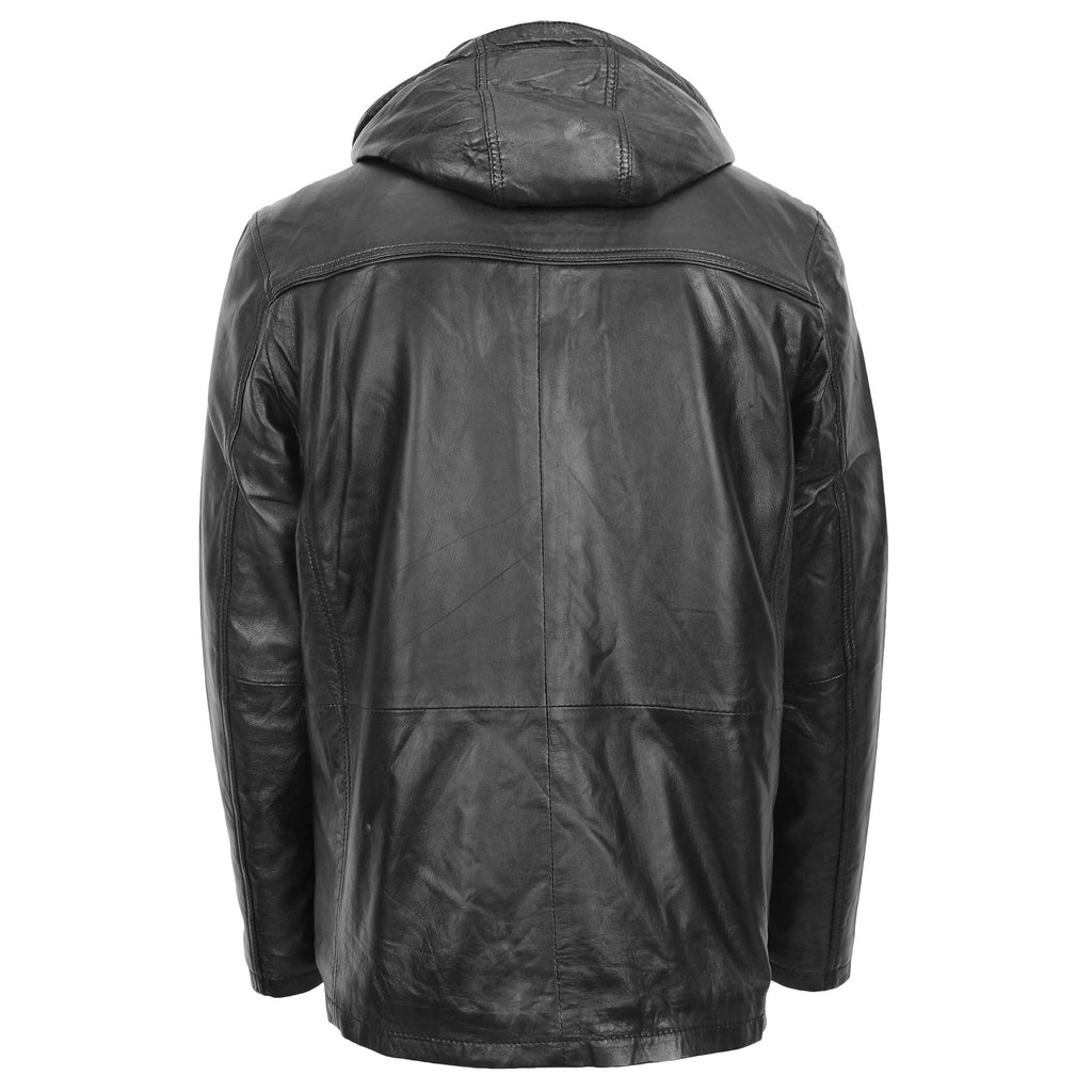 DR192 Men's Leather Parka Detachable Hoodie Black 2