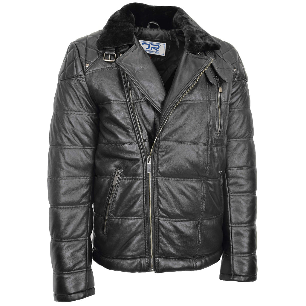 DR191 Men’s Real Leather Puffer Jacket Slim Fit Black 1