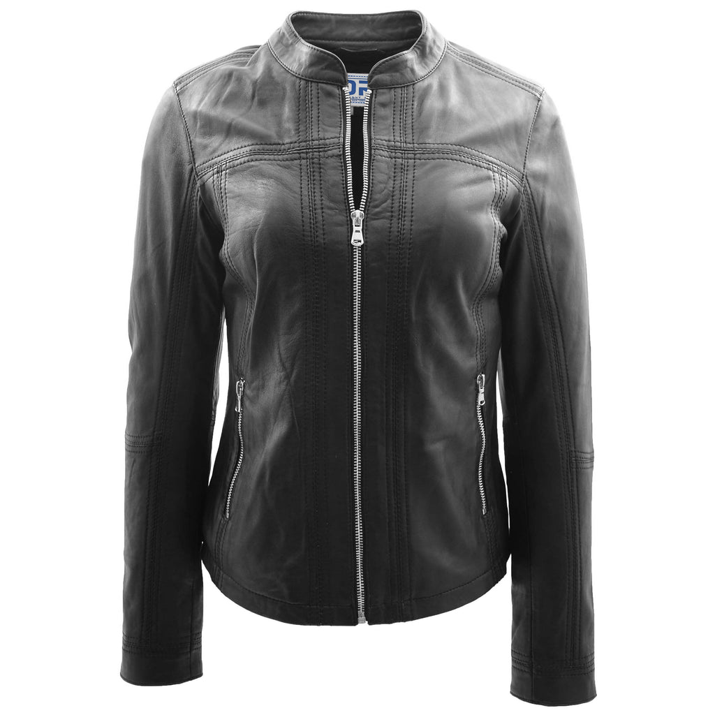 DR257 Women's Leather Classic Biker Style Jacket Black 2