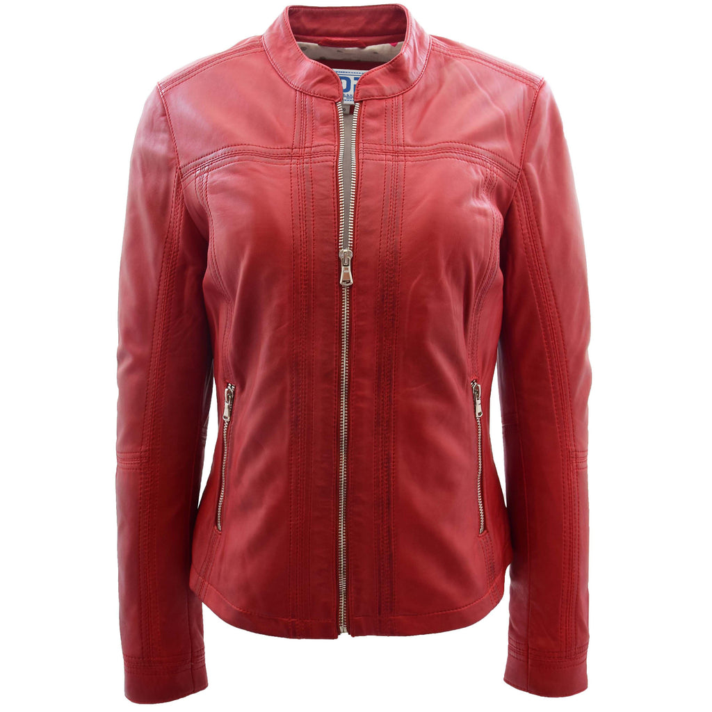 DR257 Women's Leather Classic Biker Style Jacket Red 2