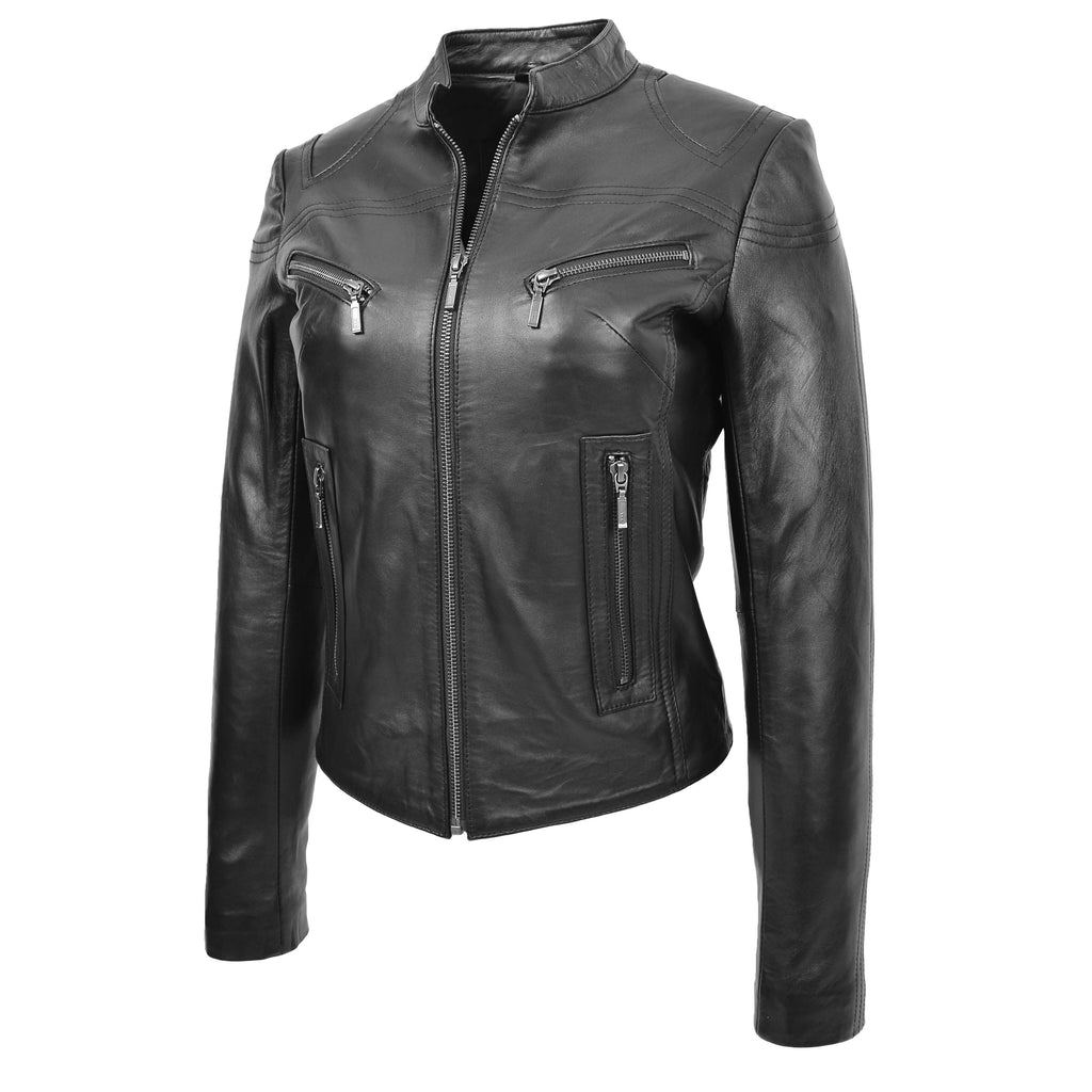 DR200 Ladies Classic Casual Biker Leather Jacket Black 6