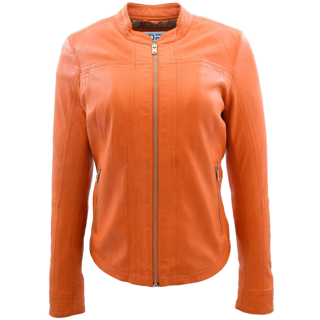 DR257 Women's Leather Classic Biker Style Jacket Orange 1