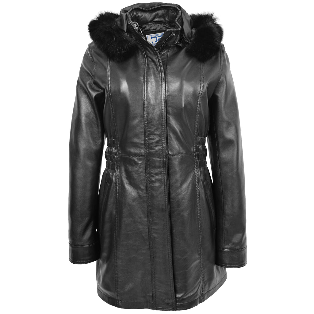 DR204 Women's Smart Long Leather Coat Hood with Fur Black 1