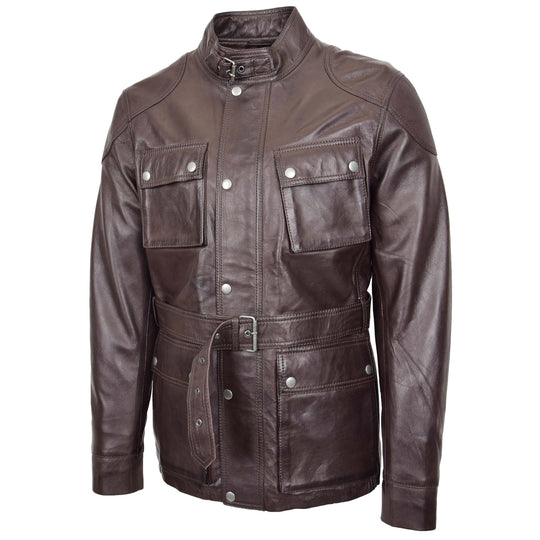 DR190 Men’s Leather Trendy Safari Jacket With Waist Belt Brown 3