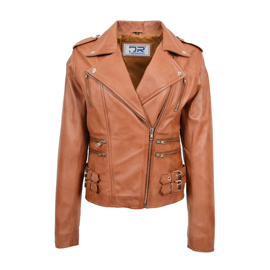 DR195 Women’s Trendy Biker Leather Jacket Cognac 1