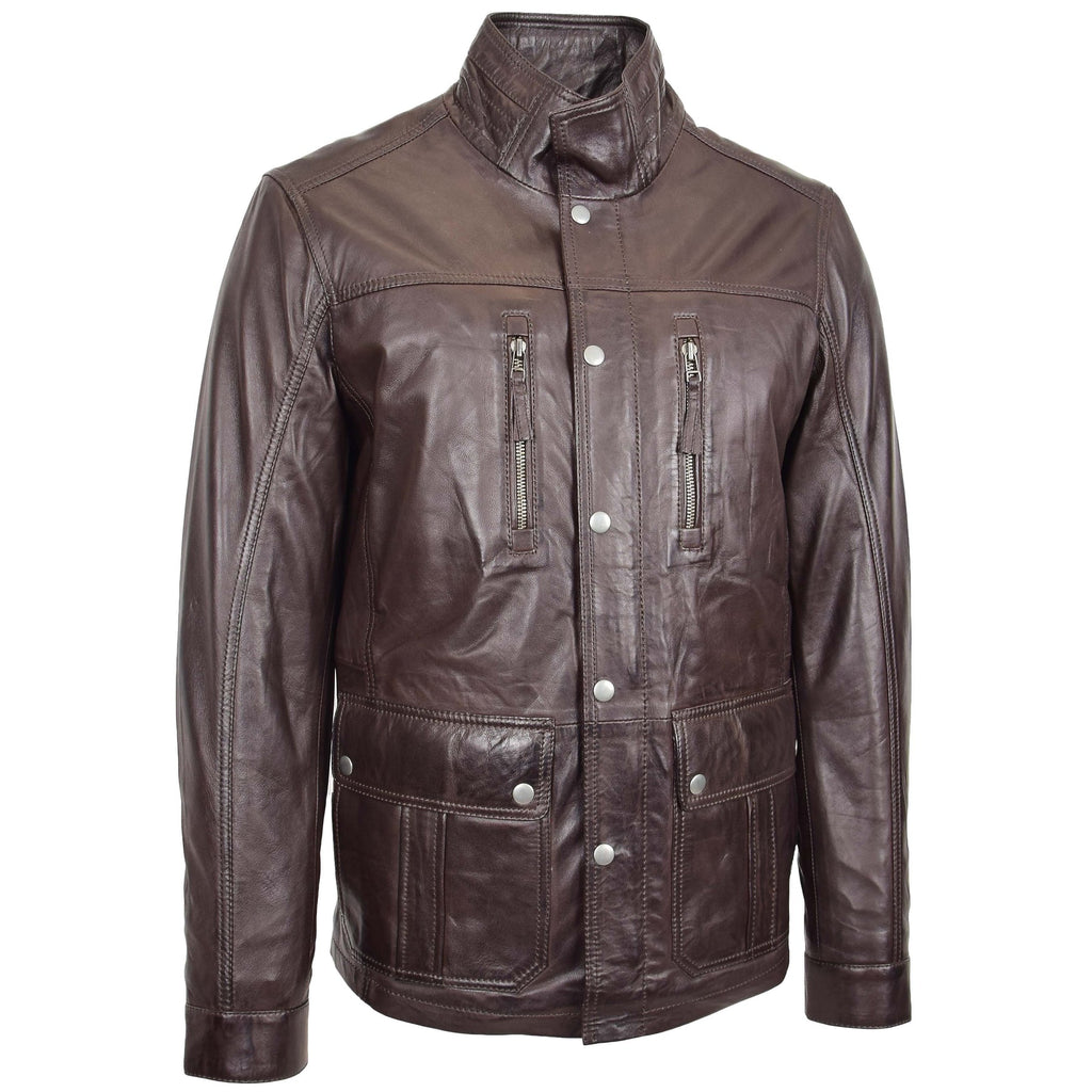 DR189 Men’s Leather Parka Jacket 3/4 Long Car Coat Brown 4