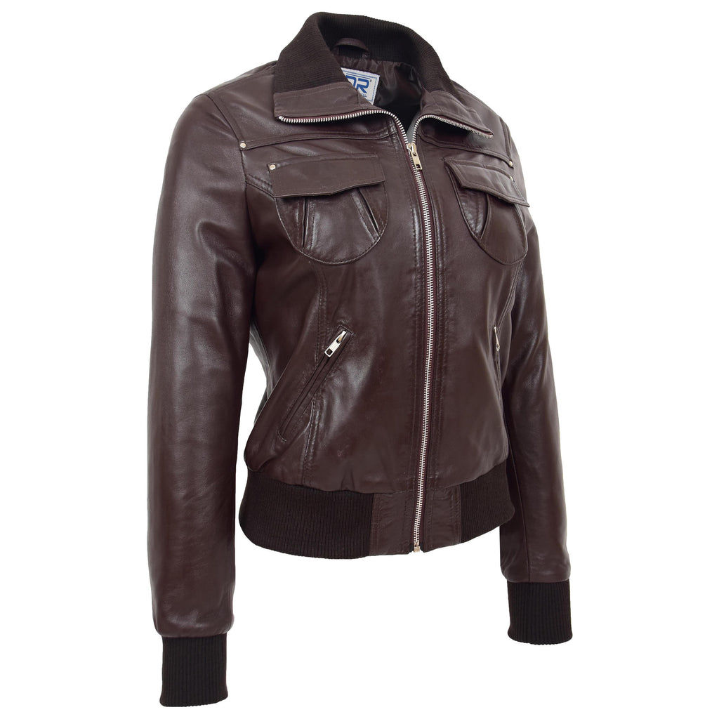 DR514 Womens Leather Classic Bomber Jacket Brown  2