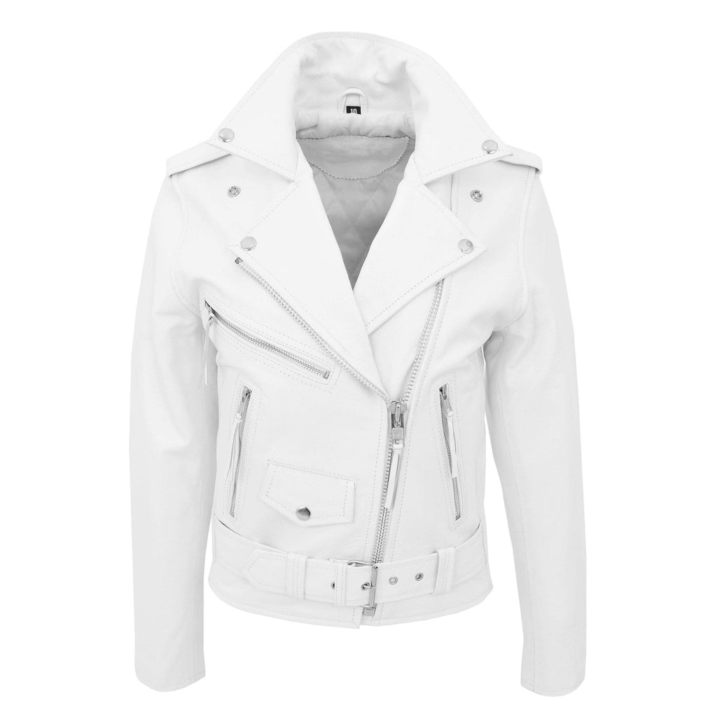 DR224 Women's Biker Chic Real Leather Jacket White 3