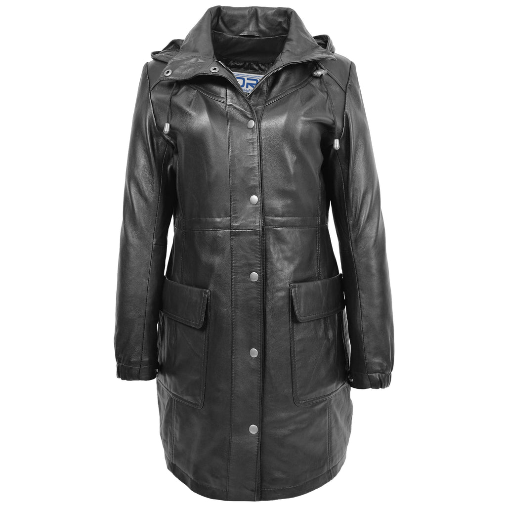 DR218 Women's Smart Long Leather Coat Hood Black 1