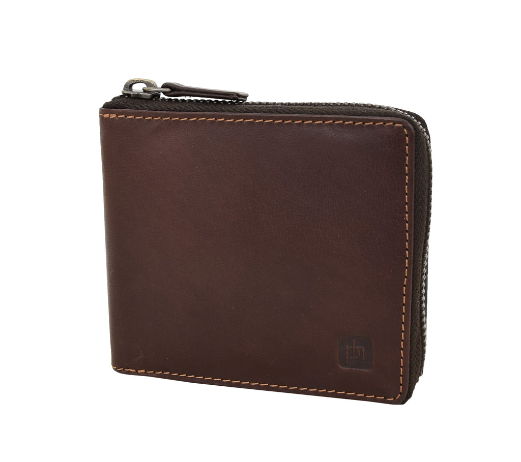 DR411 Men's Rfid Zip Around Real Leather Cards Coins Wallet Brown 2