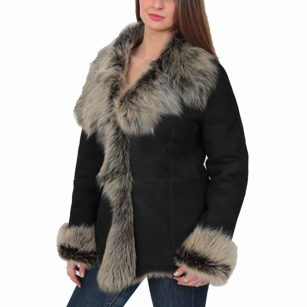 DR534 Women's Soft Sheepskin Shearling Toscana Jacket Black 1