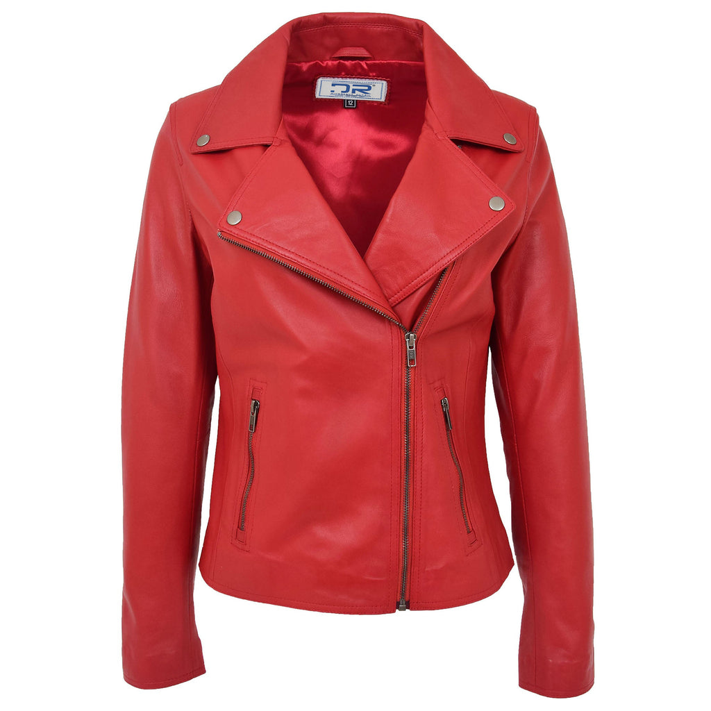 DR216 Women's Casual Smart Biker Leather Jacket Red 1