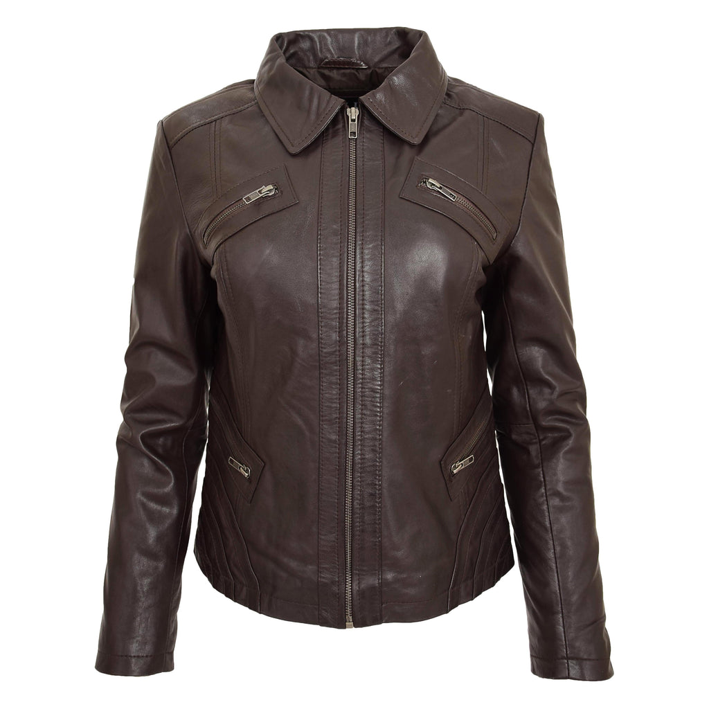 DR223 Women's Classic Leather Biker Zip Box Jacket Brown 2