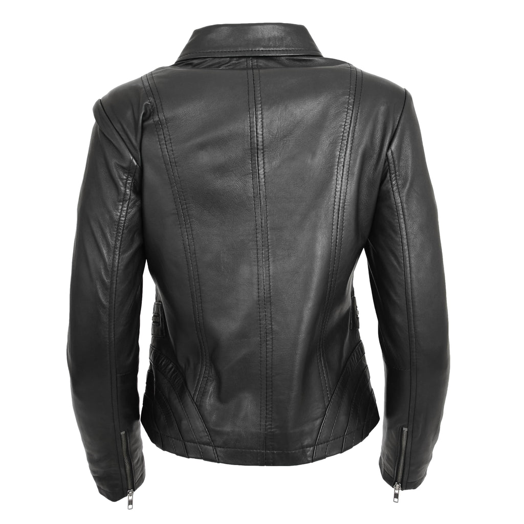 DR223 Women's Classic Leather Biker Zip Box Jacket Black 3