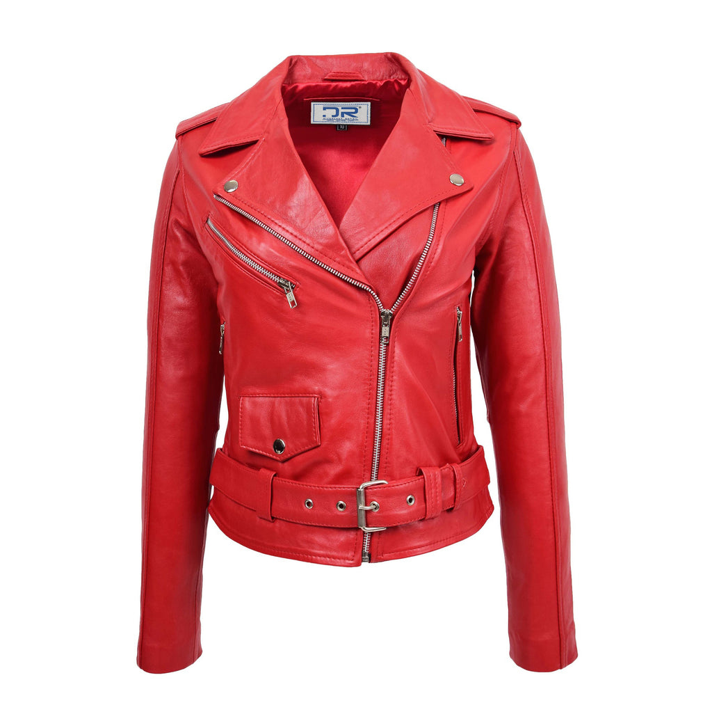 DR199 Women's Hard Ride Biker Style Leather Jacket Red 1