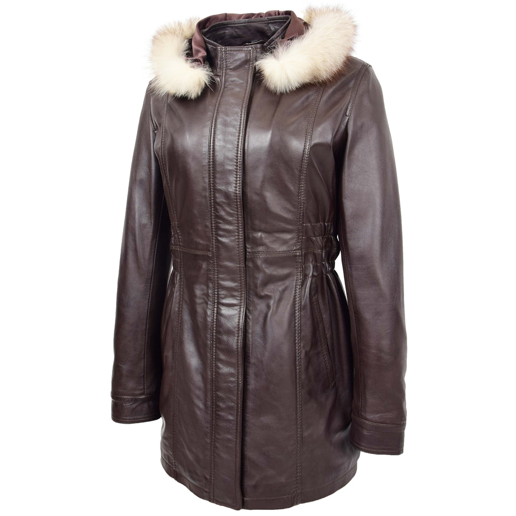 DR204 Women's Smart Long Leather Coat Hood with Fur Brown 4