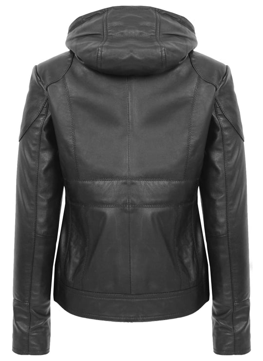 DR266 Women’s Black Leather Biker Style Jacket With Removable Hood 3
