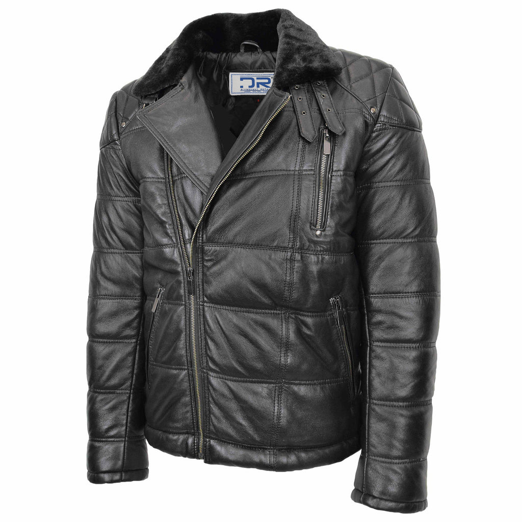 DR191 Men’s Real Leather Puffer Jacket Slim Fit Black 2