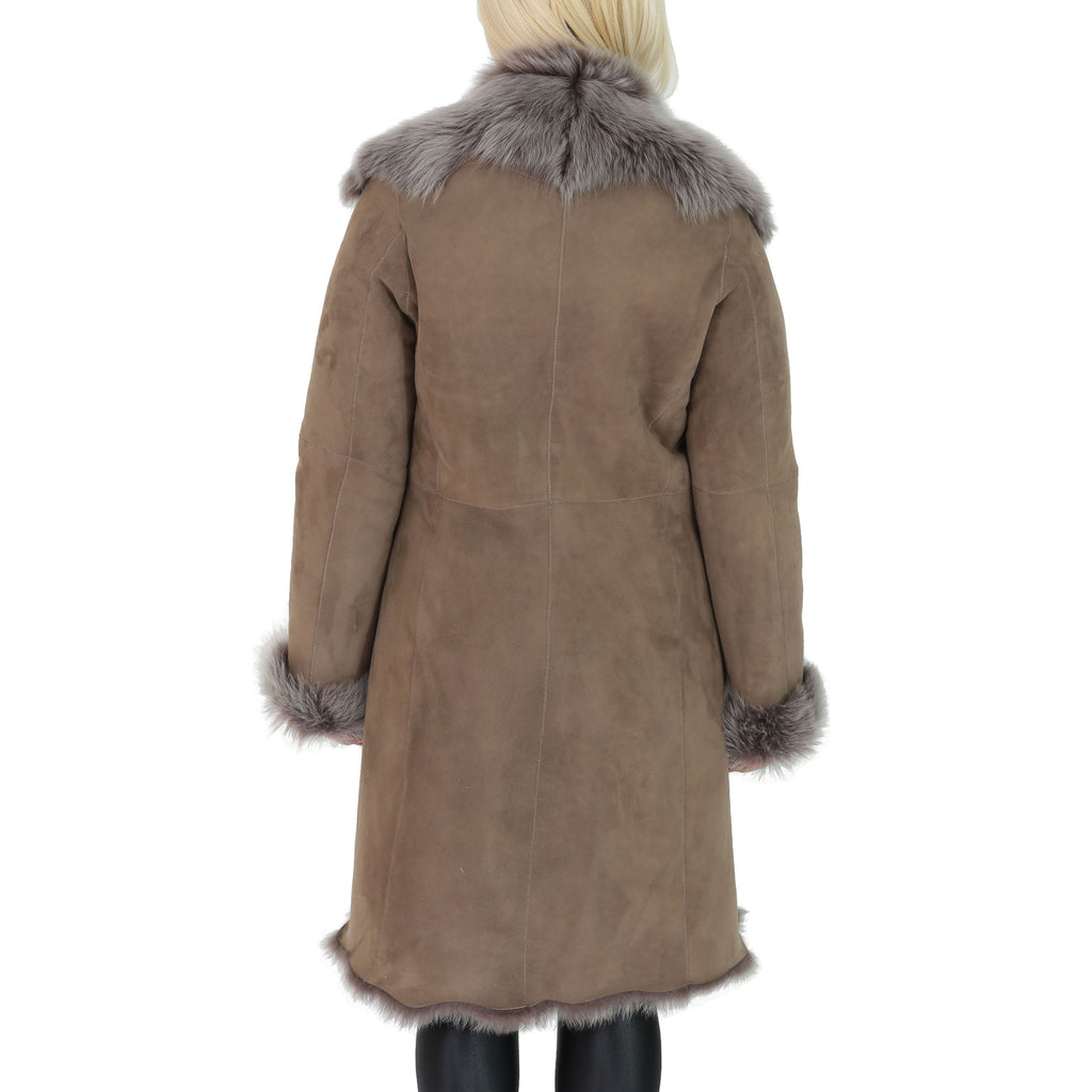 DR220 Women's Shearling Long Italian Sheepskin Leather Coat Brown Taupe 3