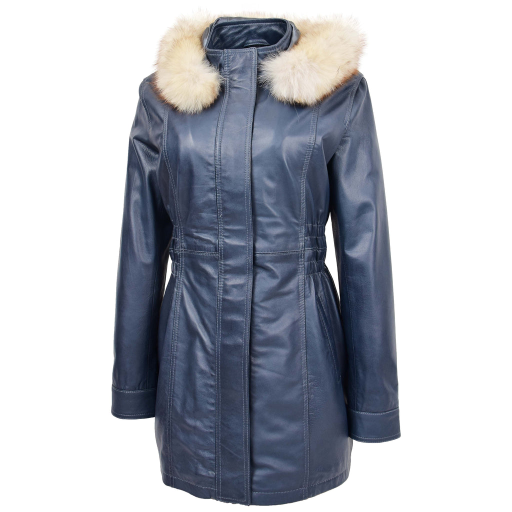 DR204 Women's Smart Long Leather Coat Hood with Fur Blue 3
